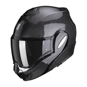 Scorpion Exo-Tech Evo Carbon motorhelm in glanzend zwart met geavanceerd design en lichtgewicht carbon constructie.